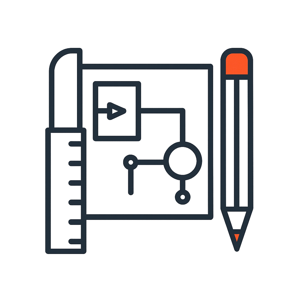 Symbolbild mit Lineal, Planzeichnung und Bleistift zur Darstellung von Planung und Entwurf.
