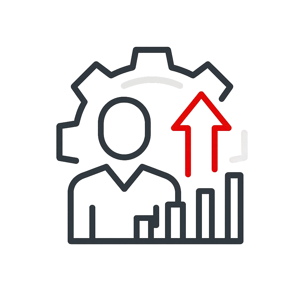 Symbol einer Person mit einem Zahnrad im Hintergrund, einem Balkendiagramm vor sich und einem roten Pfeil nach oben als Zeichen für Wachstum oder Fortschritt.
