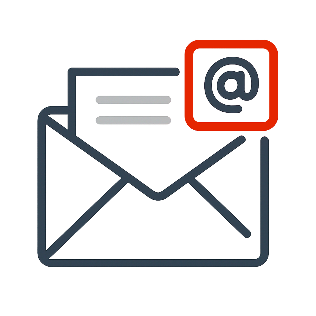 Geöffneter Briefumschlag mit einem Brief und einem roten Quadrat mit einem @-Symbol.