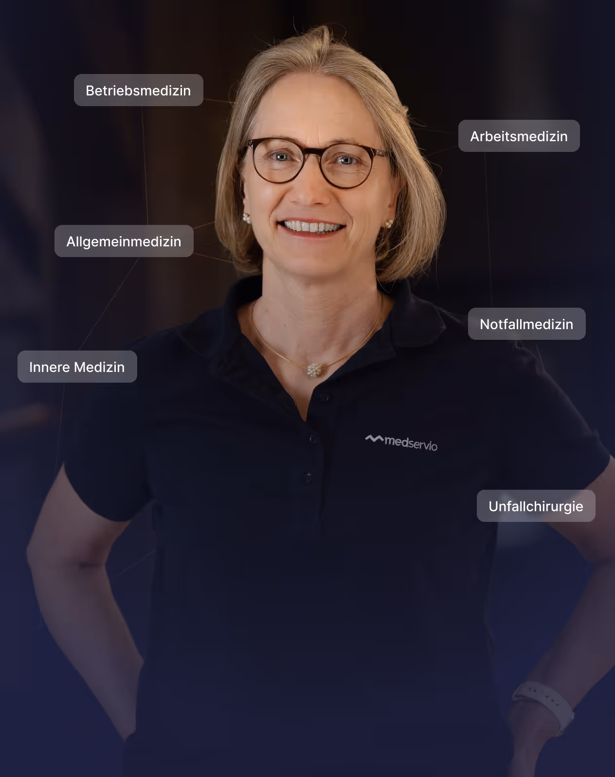 Smiling man wearing a black medservio polo shirt, surrounded by labels in German for medical fields including occupational medicine, general medicine, internal medicine, occupational safety, emergency medicine, and trauma surgery.