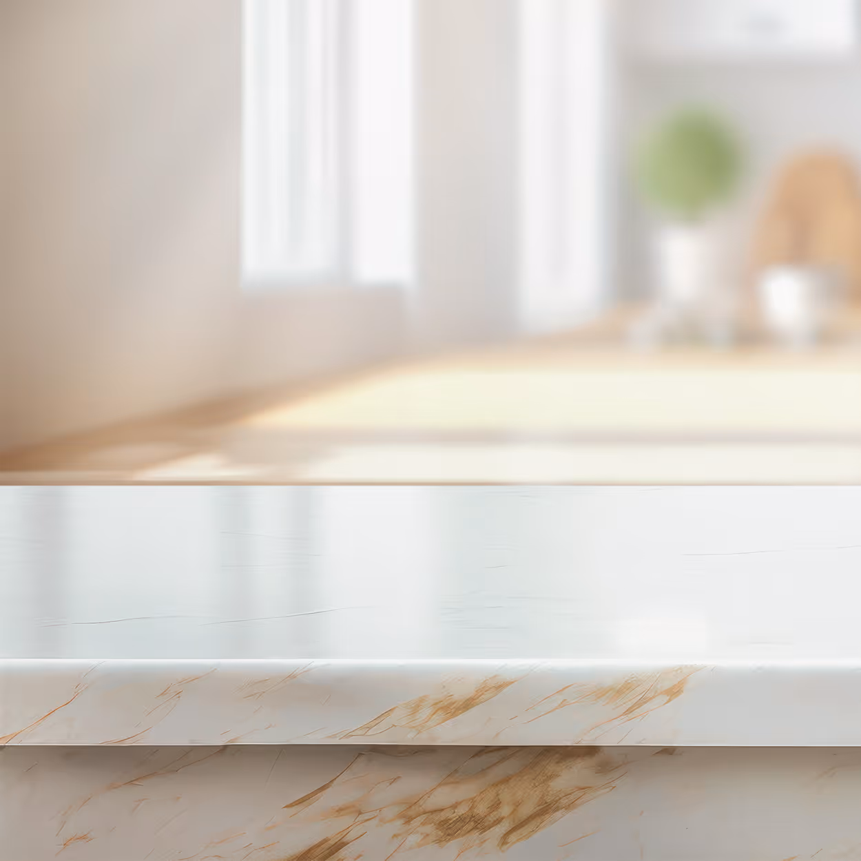 Close-up of a white marble countertop with subtle beige and brown veining, in a softly lit room with blurred background.