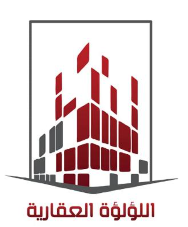 Abstract logo of a multi-story building with red and gray blocks and Arabic text below.