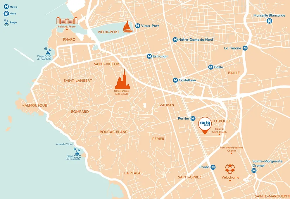 Soléo Prado, map of Marseille showing the hotel near the city center, located near the Prado and the main accesses.