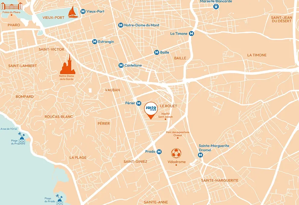 Soléo Prado, map of Marseille showing the hotel near the city center, located near the Prado and the main accesses.