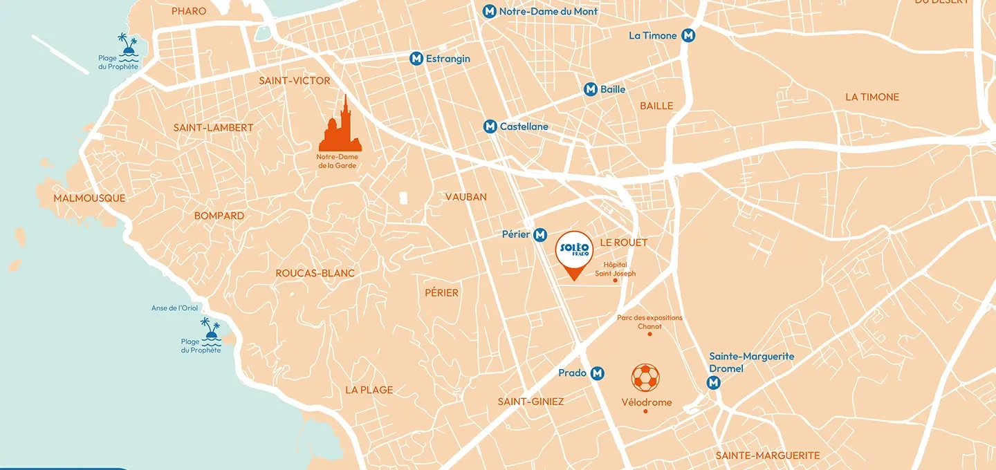 Soléo Prado, map of Marseille showing the hotel near the city center, located near the Prado and the main accesses.