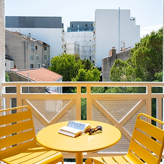 Soléo Prado, balcony of a hotel room in Marseille, pleasant outdoor space in 13008 near the Boulevard de Louvain.