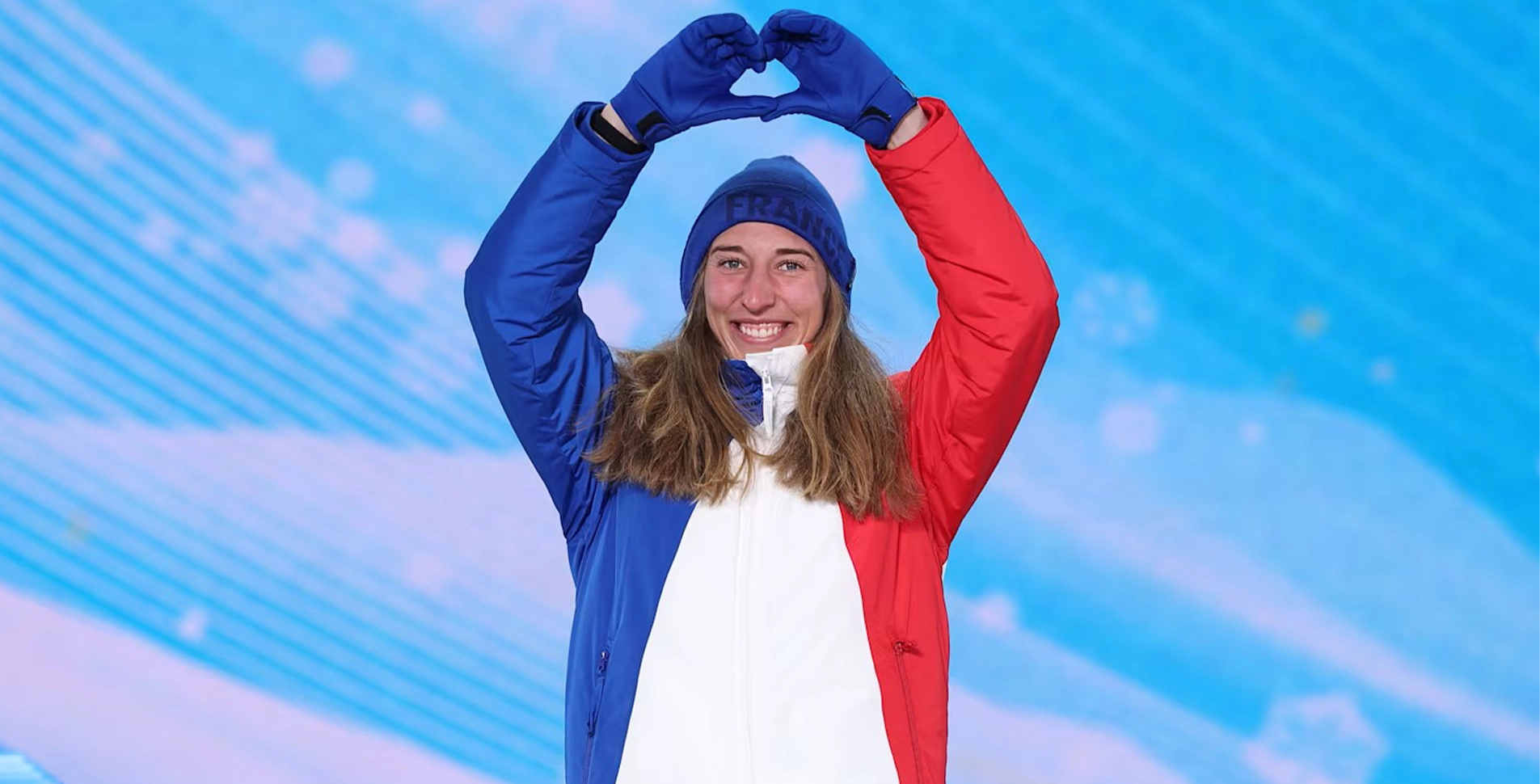 Chloe Trespeuch celebrating her medal at the 2022 Beijing Olympic Games