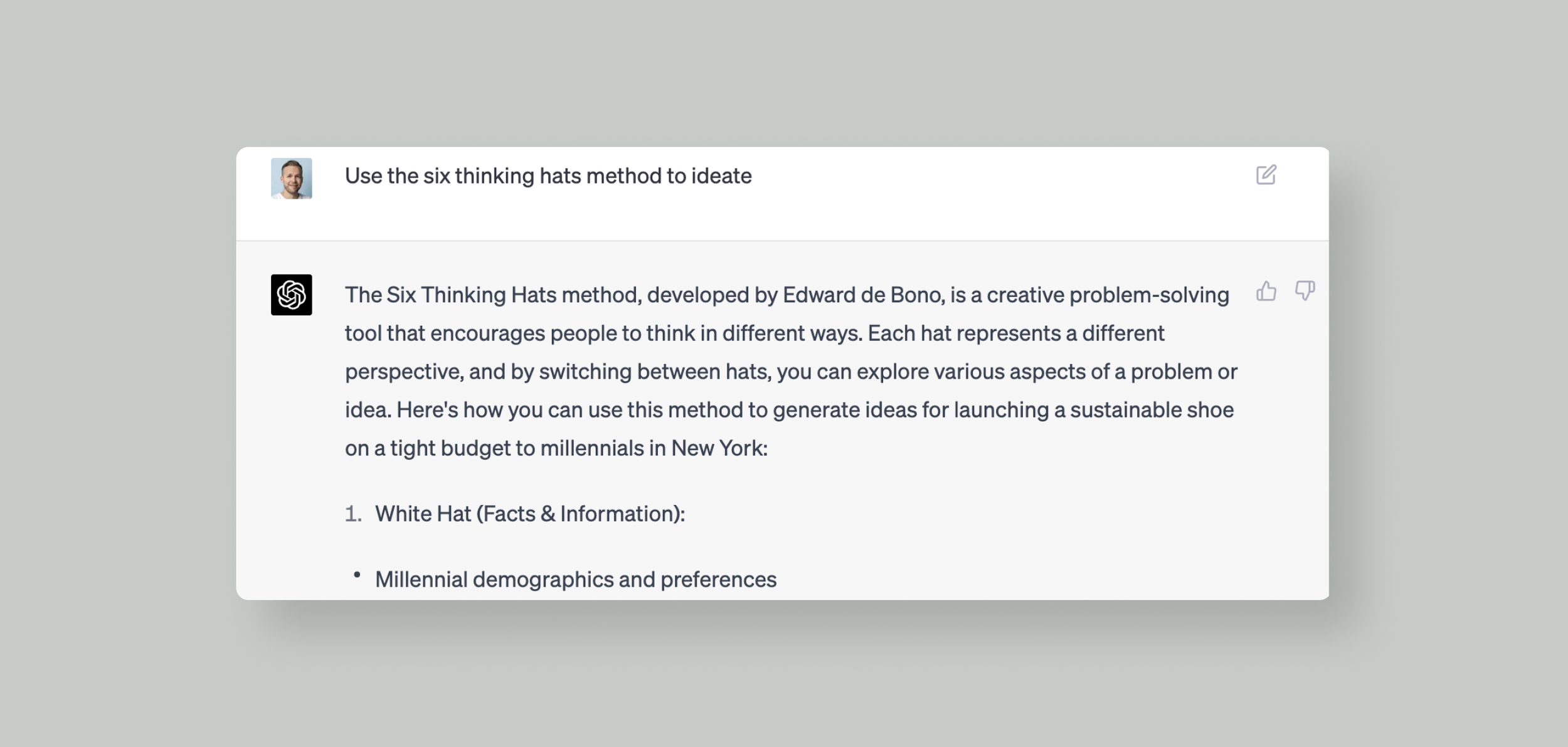 I continued my ideation on launching a sustainable shoe brand by asking ChatGPT to use the “Six Thinking Hats” method. It opened up new perspectives on the challenge that I had missed.