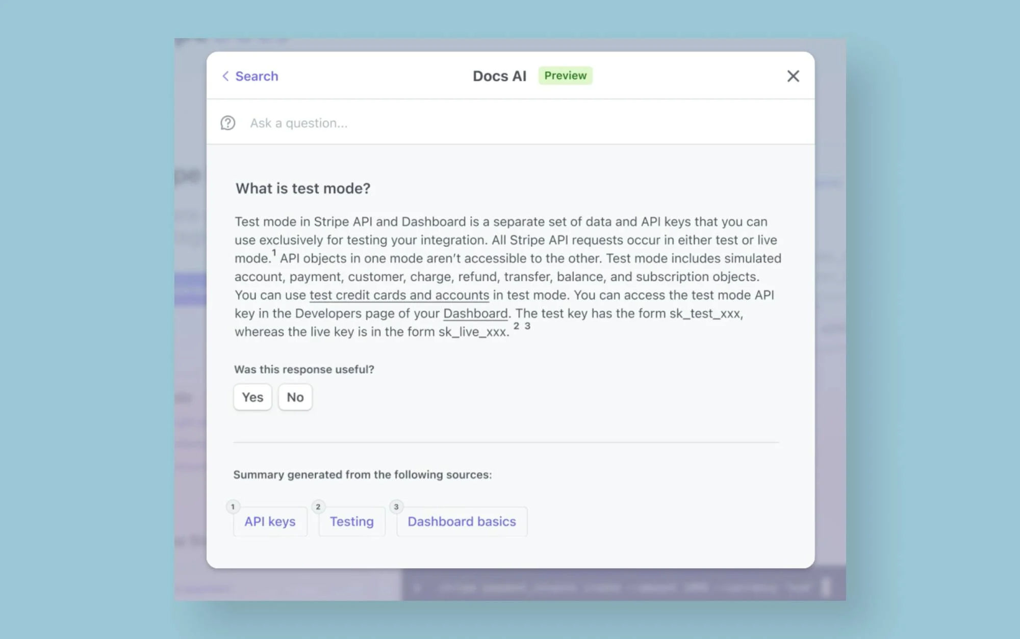Stripe uses AI to create a summary answer based on several documents for users of its help center. (source: Stripe & OpenAI)