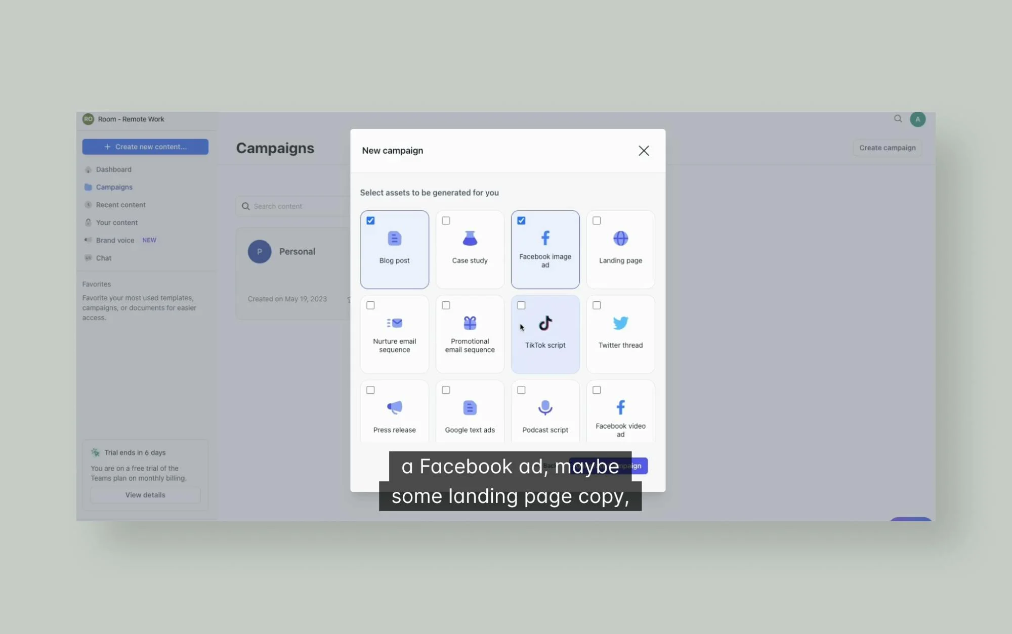 Jasper helps marketing teams generate campaign content with AI based on input text, asset types, and tone.