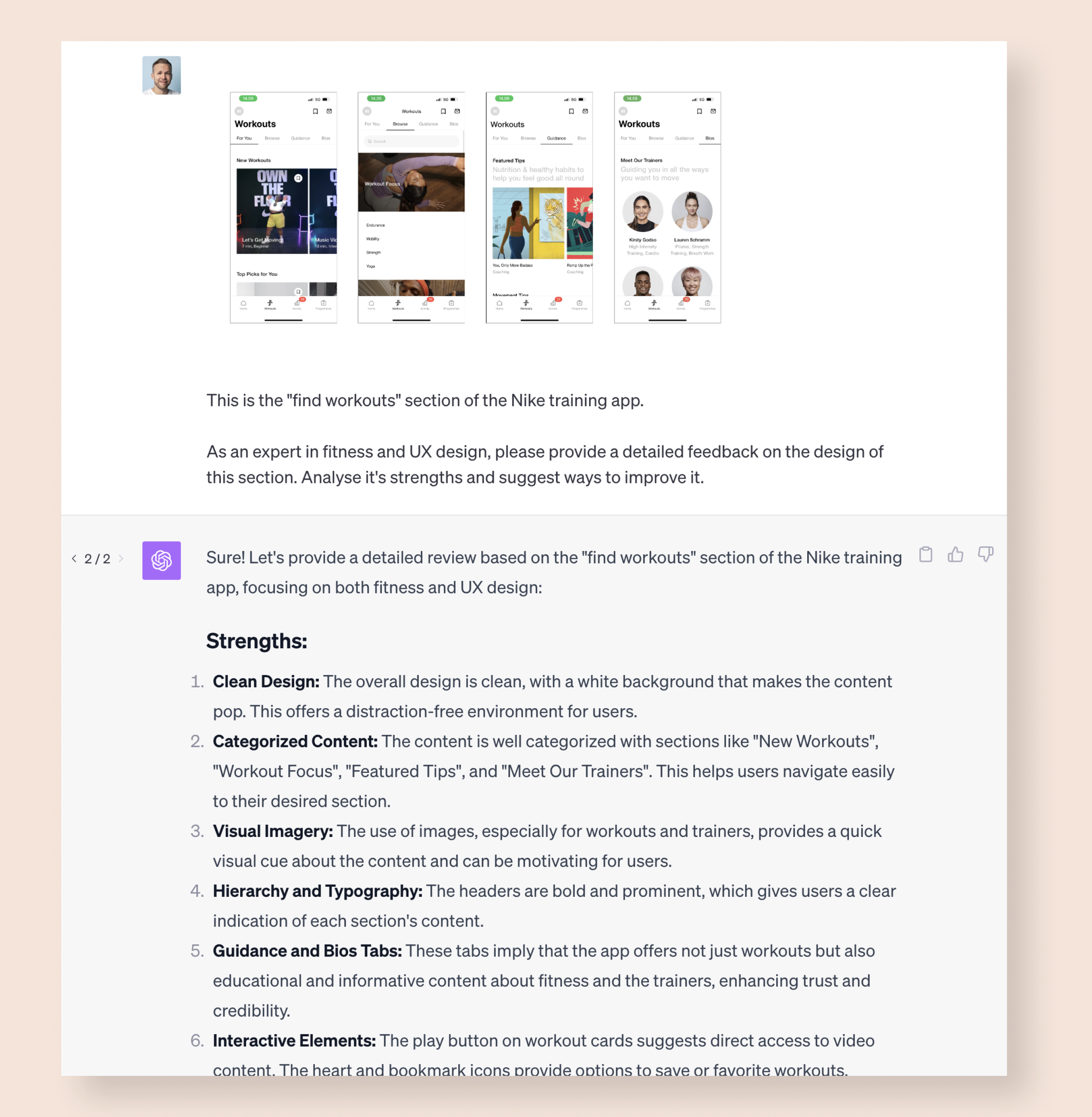 GPT-4V gave detailed and useful feedback on how to improve the Workouts sections of the Nike Training app