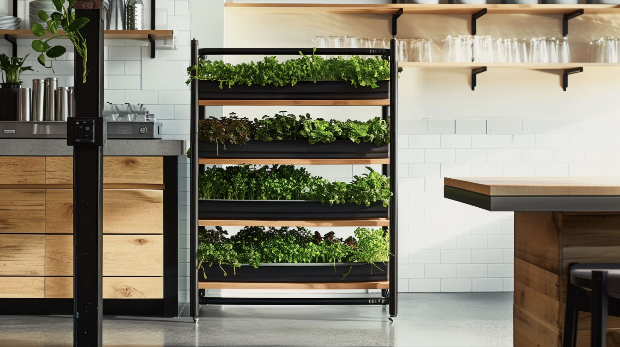 A new design concept for a vertical farm. Midjourney prompt: premium brand lifestyle photos of a vertical farm used in a high-end restaurant dining area. Vertical farm includes elements of natural wood and solid black metal. Use a style inspired by Blue Bottle Coffee and Aesop. The brand photos should include candid moments, natural light and stylish nordic inspired interior design. --ar 16:9 --style raw --v 6.0 --s 50