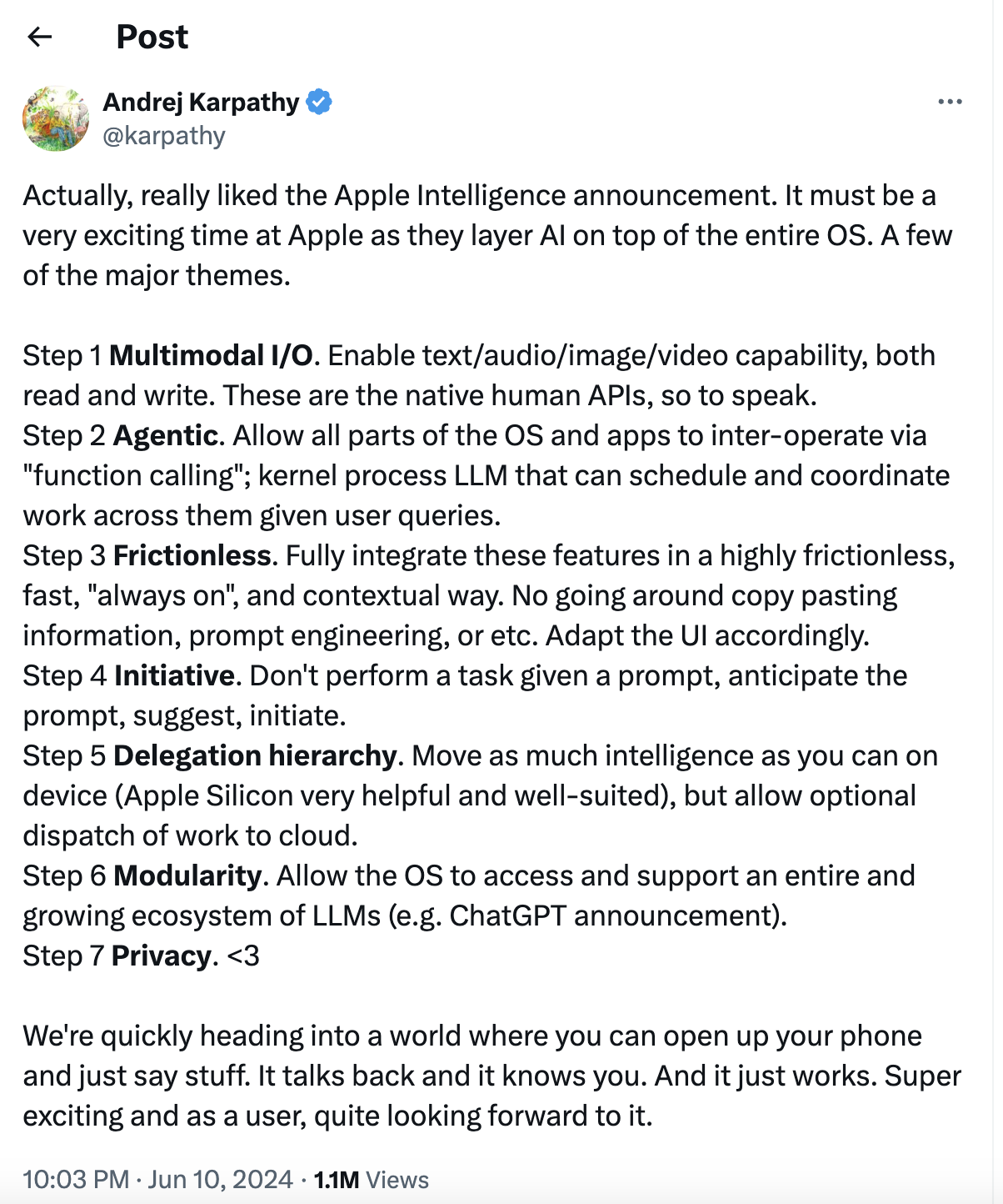 Andrej Karpathy's post outlining stages of AI integration in user experiences.