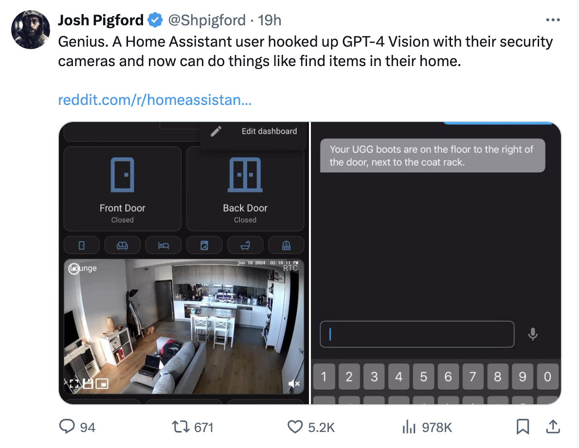 Example of an AI-connected home assistant interpreting security-camera images.