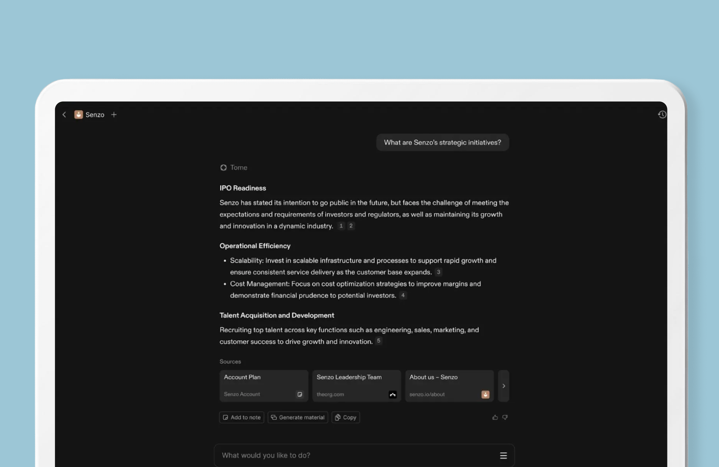 Tome's AI Sales Assistant analyzing a target account, showing strategic initiatives and recommended positioning for a sales rep