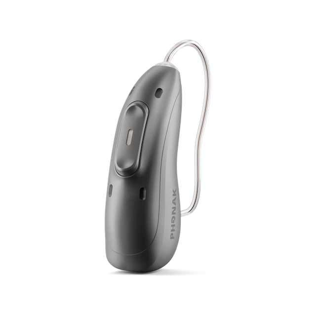 Close-up of a gray Phonak Eon hearing aid with a thin wire, shown against a white background.