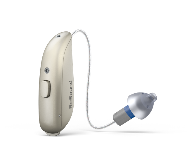 ReSound Sensia hearing aid in sand color with a small microphone and wire connecting to a dome-shaped earpiece.