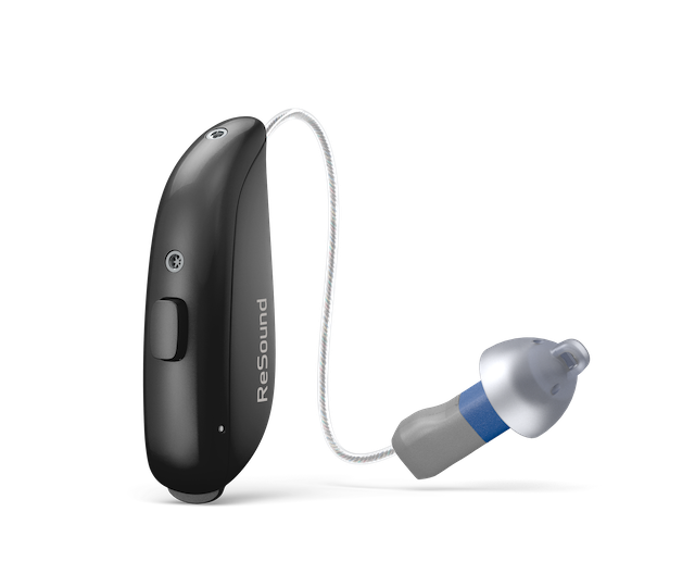 Black ReSound hearing aid with a curved body, a button on the side, a thin wire, and a gray and blue earbud tip.