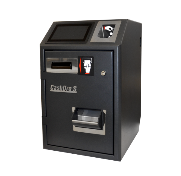 Modern stainless steel kiosk machine with touchscreen display and multiple input/output slots.