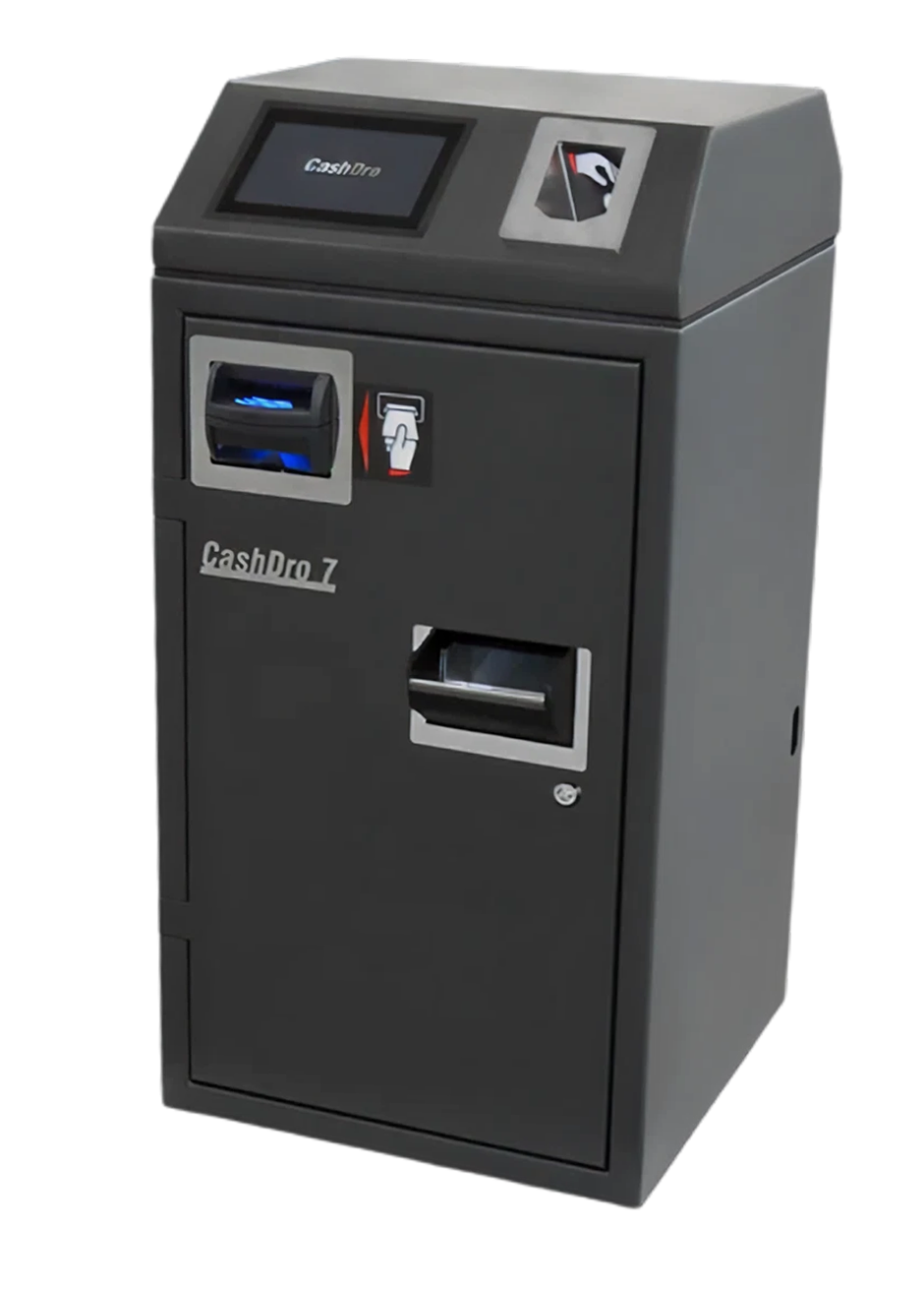 Modern stainless steel kiosk machine with touchscreen display and multiple input/output slots.