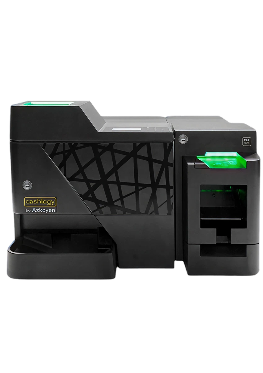 Modern stainless steel kiosk machine with touchscreen display and multiple input/output slots.