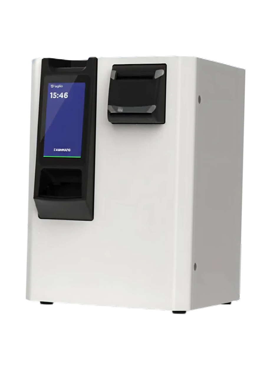 Modern stainless steel kiosk machine with touchscreen display and multiple input/output slots.