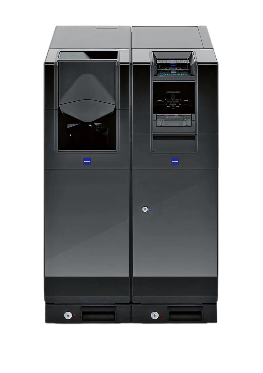 Modern stainless steel kiosk machine with touchscreen display and multiple input/output slots.