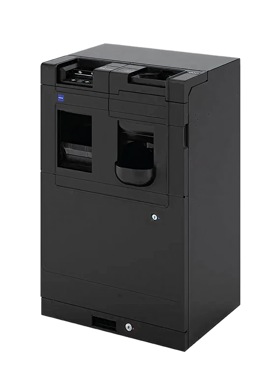 Modern stainless steel kiosk machine with touchscreen display and multiple input/output slots.