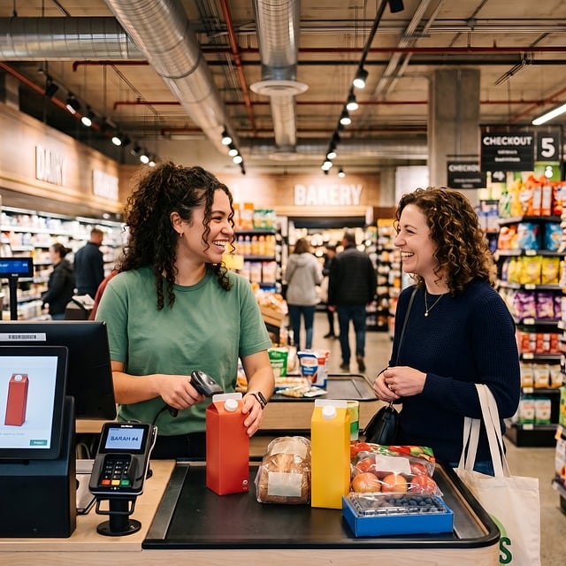 Caissière souriante scannant les articles d'une cliente en caisse de supermarché