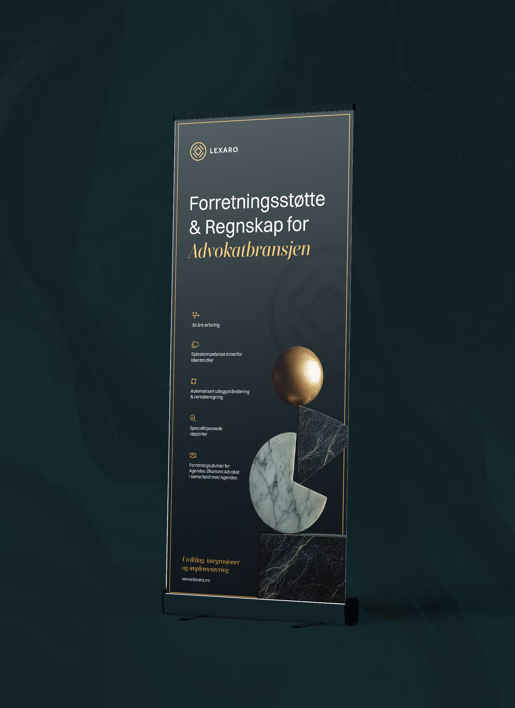 Roll-up banner for Lexaro offering business support and accounting services for the legal industry with key points and geometric shapes.