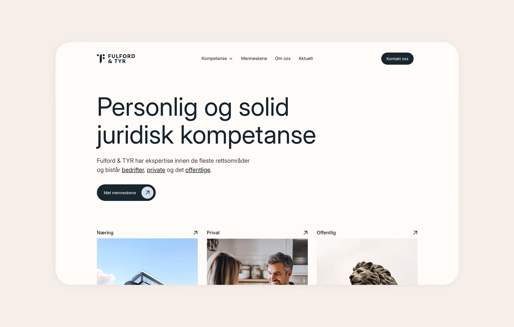 Nettside for Fulford & TYR med teksten 'Personlig og solid juridisk kompetanse' og koblinger til næring, privat og offentlig sektor.