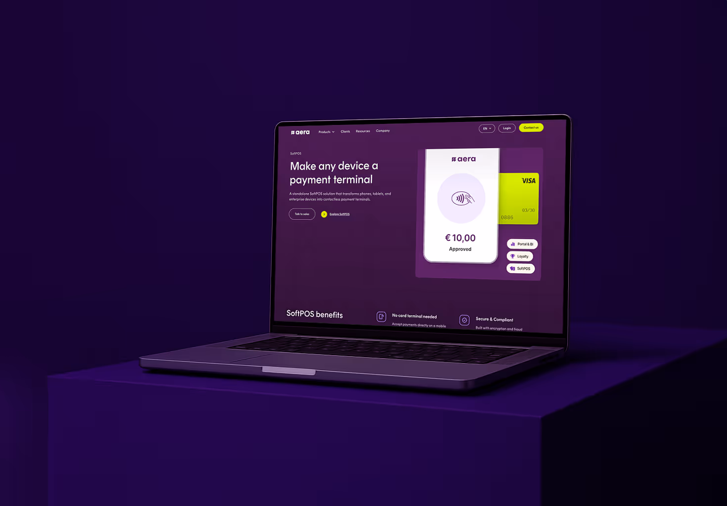 Bærbar datamaskin som viser en nettside for aera SoftPOS, som gjør hvilken som helst enhet til en betalings-terminal.
