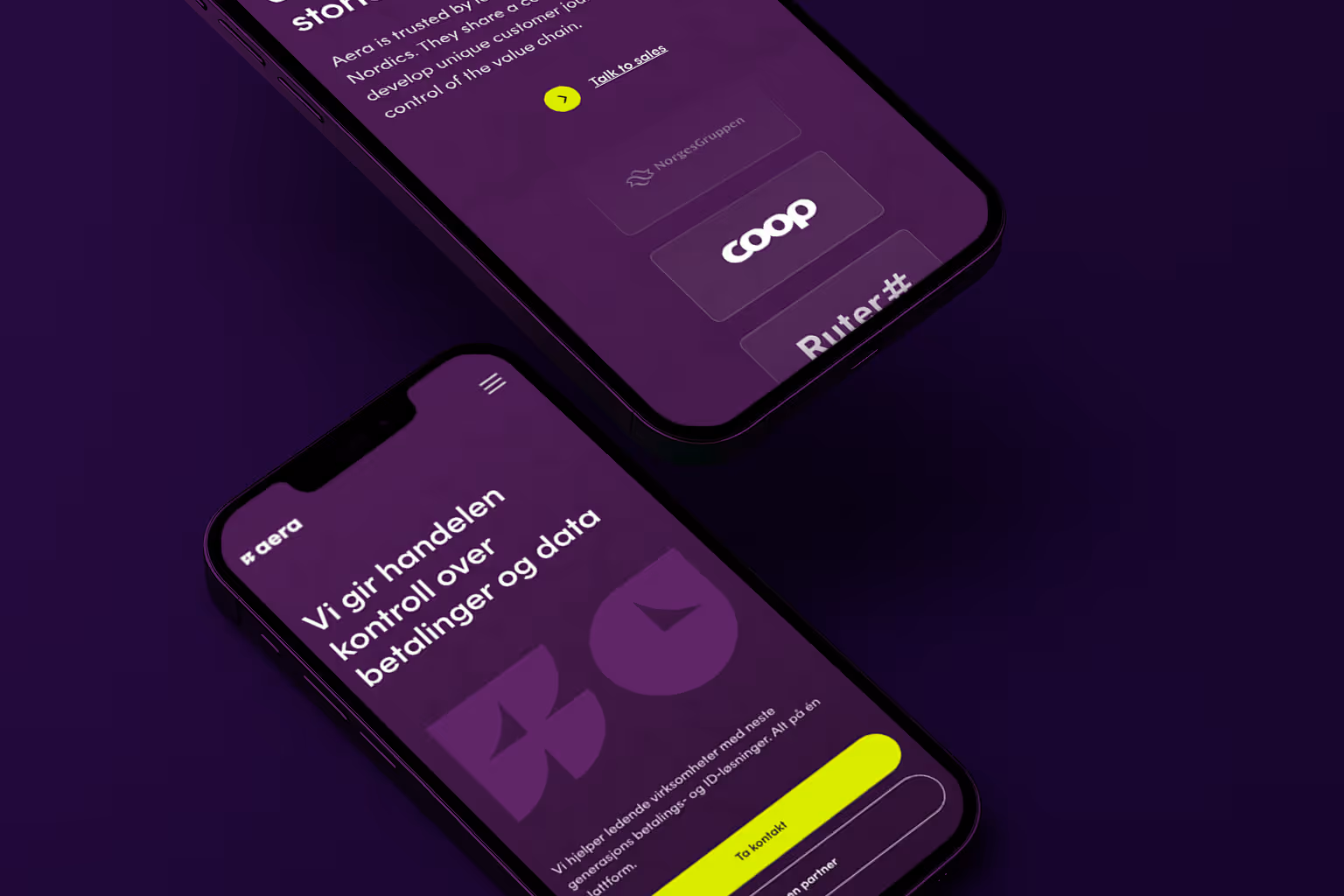 To mobiletelefoner som viser Aera nettside med norsk tekst om kontroll over betalinger og data.