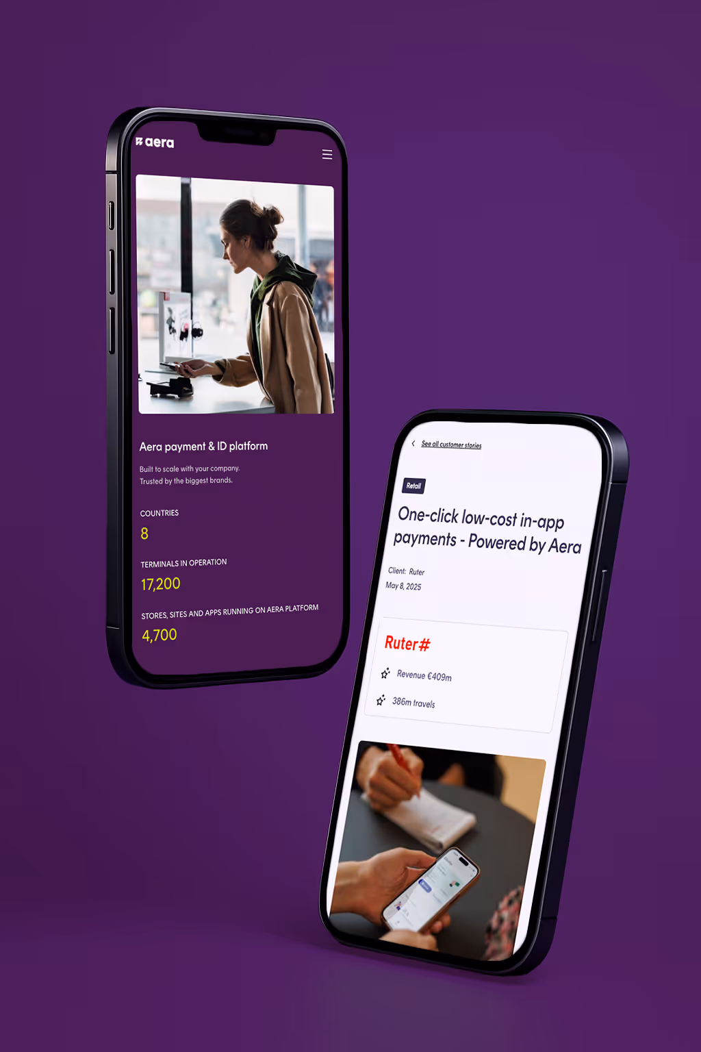 To mobiltelefoner som viser Aera betalings- og ID-plattformen og en kundecase for lavkost in-app betalinger med Aera.