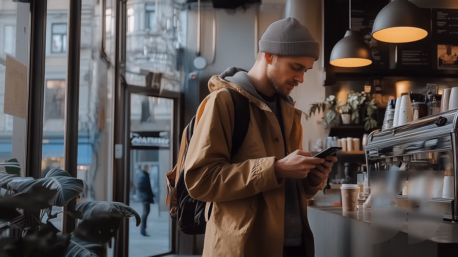 Ung mann med lue og ryggsekk bruker mobiltelefon ved kafédisken med kaffekopp i bakgrunnen.