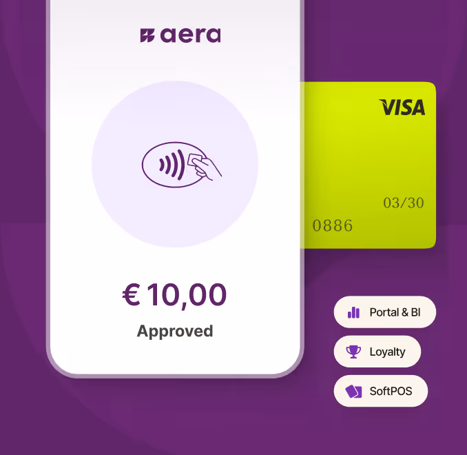 Kontaktløs betaling godkjent på 10 euro med Aera-portalen og Visa-kort på lilla bakgrunn, inkludert funksjoner som Portal & BI, Loyalty og SoftPOS.