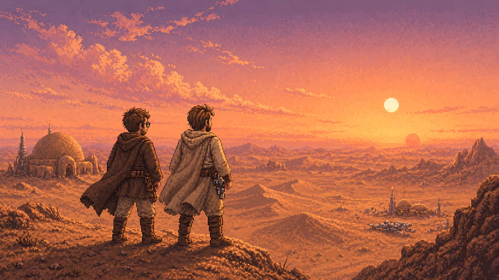 To personer med kapper står på en klippe og ser ut over en pixelkunstørken med to soler og sylinderformede bygninger ved solnedgang.