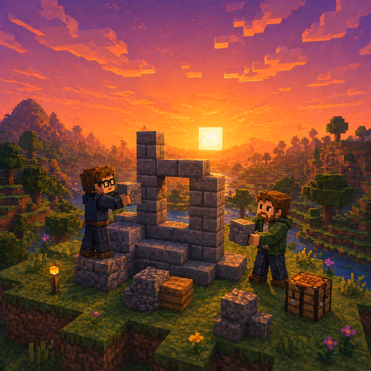 To personer i Minecraft-stil bygger en steinstruktur utendørs ved solnedgang med fjell og trær i bakgrunnen.