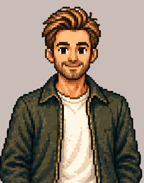 Pixelkunst av en mann med kort brunt hår, skjegg, iført en hvit t-skjorte og en grønn jakke.