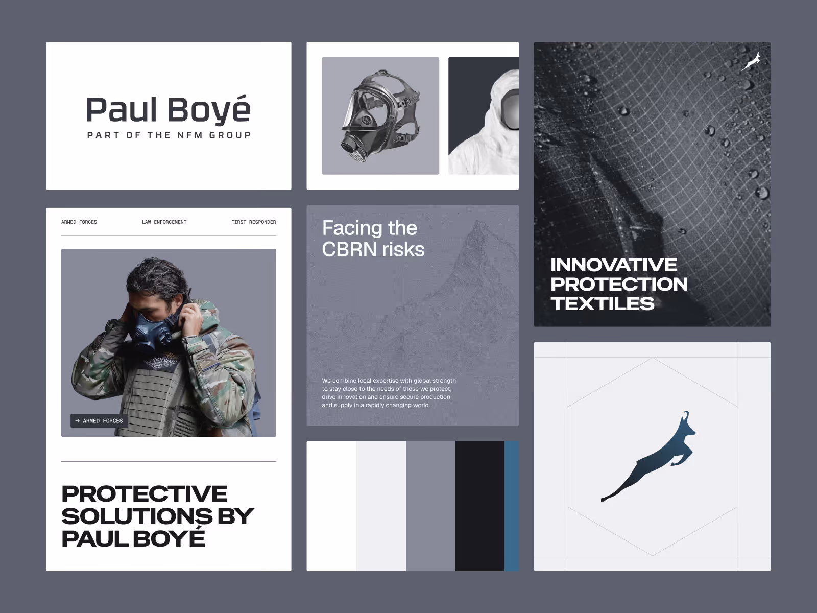 Kollasj med Paul Boyé-logo, gassmaske, vernedrakt, soldat iført gassmaske, tekst om CBRN-risikoer, innovative beskyttelsestekstiler, og Paul Boyés beskyttelsesløsninger.