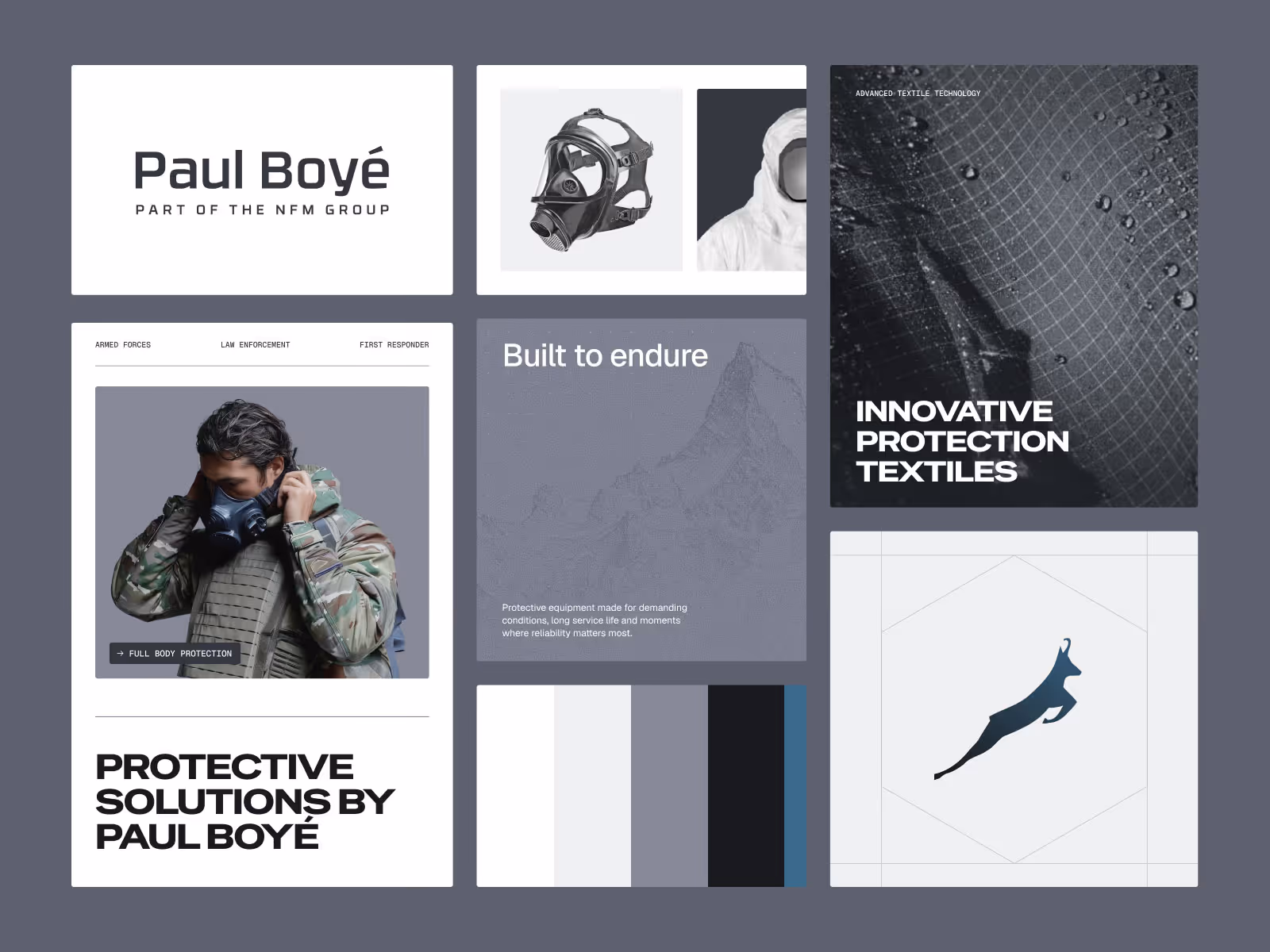 Kollasj med Paul Boyé-logo, gassmaske, vernedrakt, soldat iført gassmaske, tekst om CBRN-risikoer, innovative beskyttelsestekstiler, og Paul Boyés beskyttelsesløsninger.