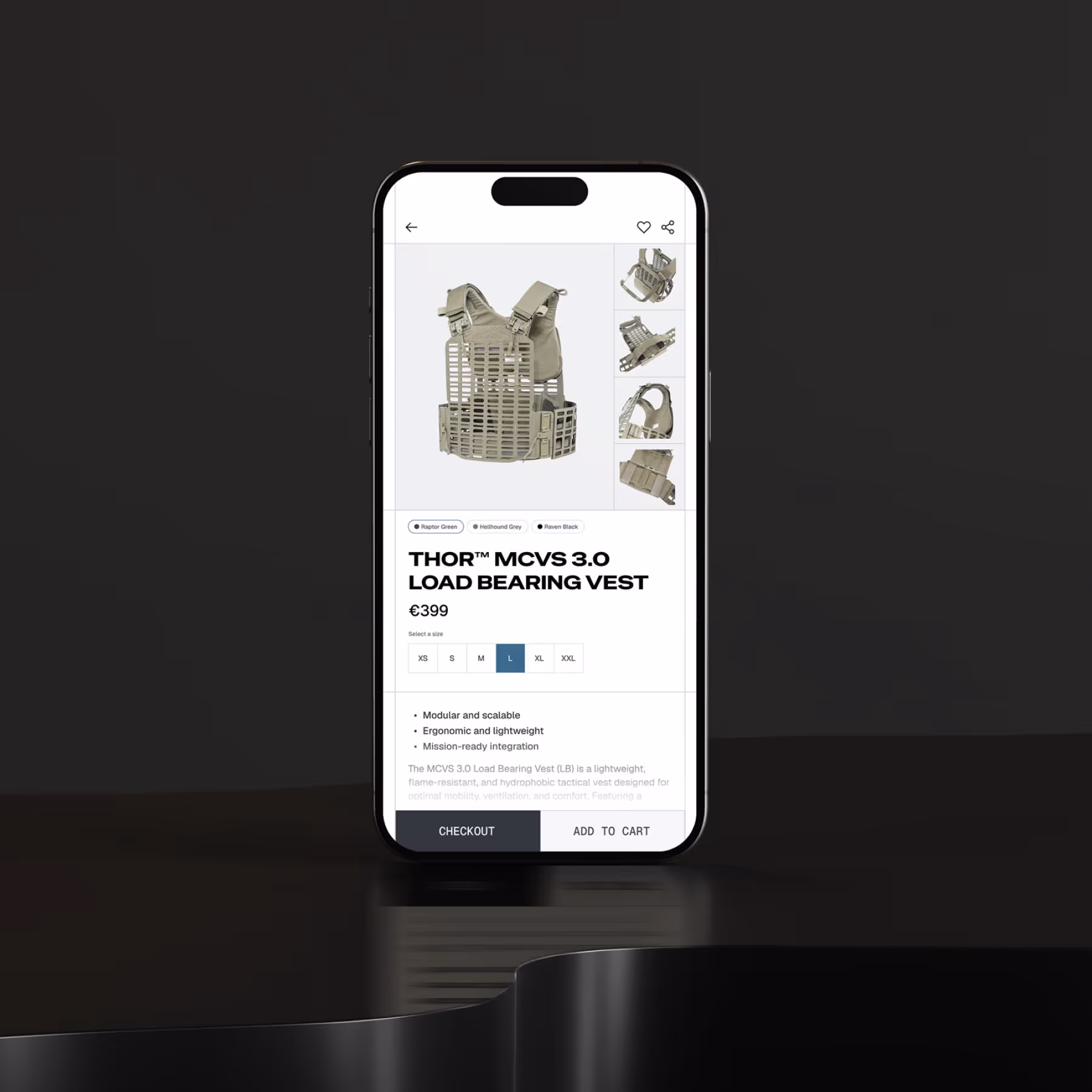 Mobilskjerm som viser produktside for THOR MCVS 3.0 lastbærende vest i grått, med valg av størrelse og farge, samt kjøpsknapper.