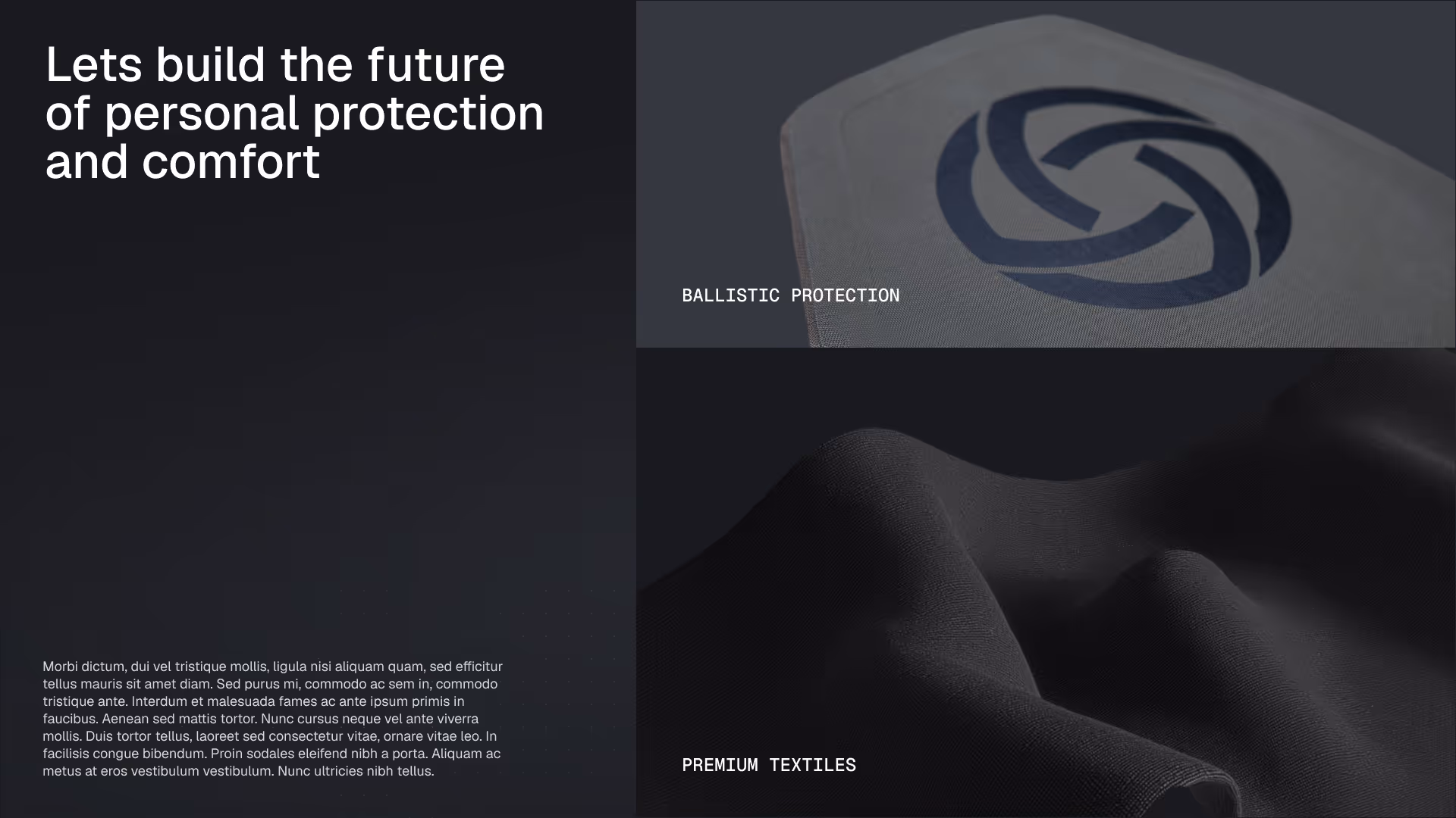 Tekst om fremtidens personlige beskyttelse og komfort og bilder av ballistisk beskyttelse og premium tekstiler.