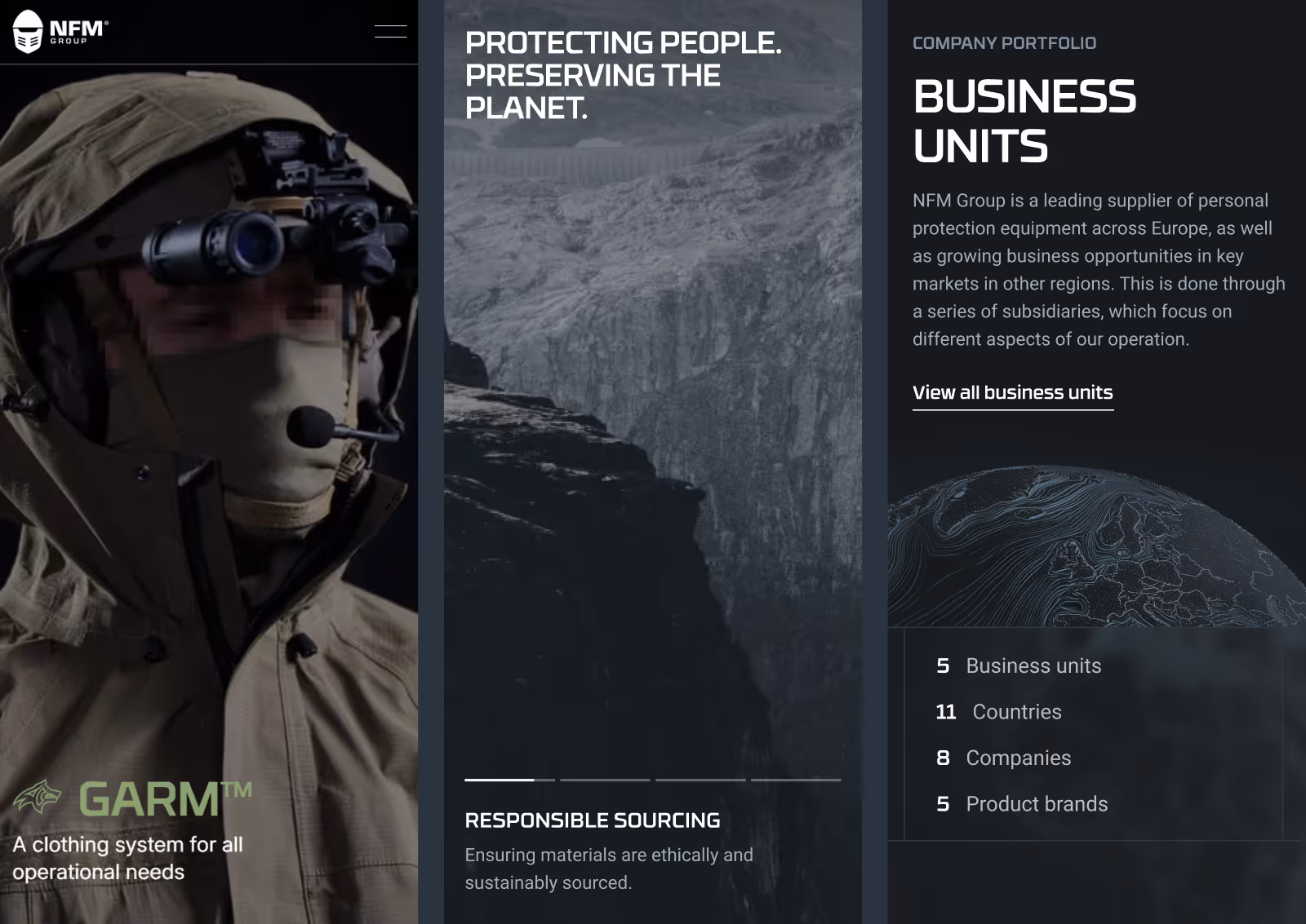 Person in tactical military gear with night vision goggles and mask, next to text about GARM clothing system and NFM Group's business units and responsible sourcing.