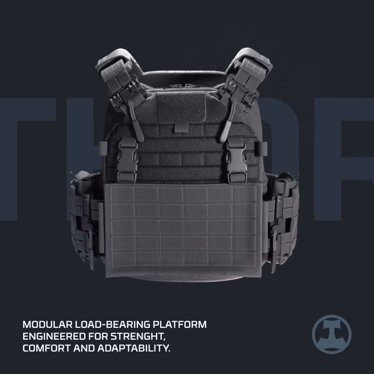 Front view of a black tactical modular load-bearing vest with adjustable straps and grid panel for attachments.