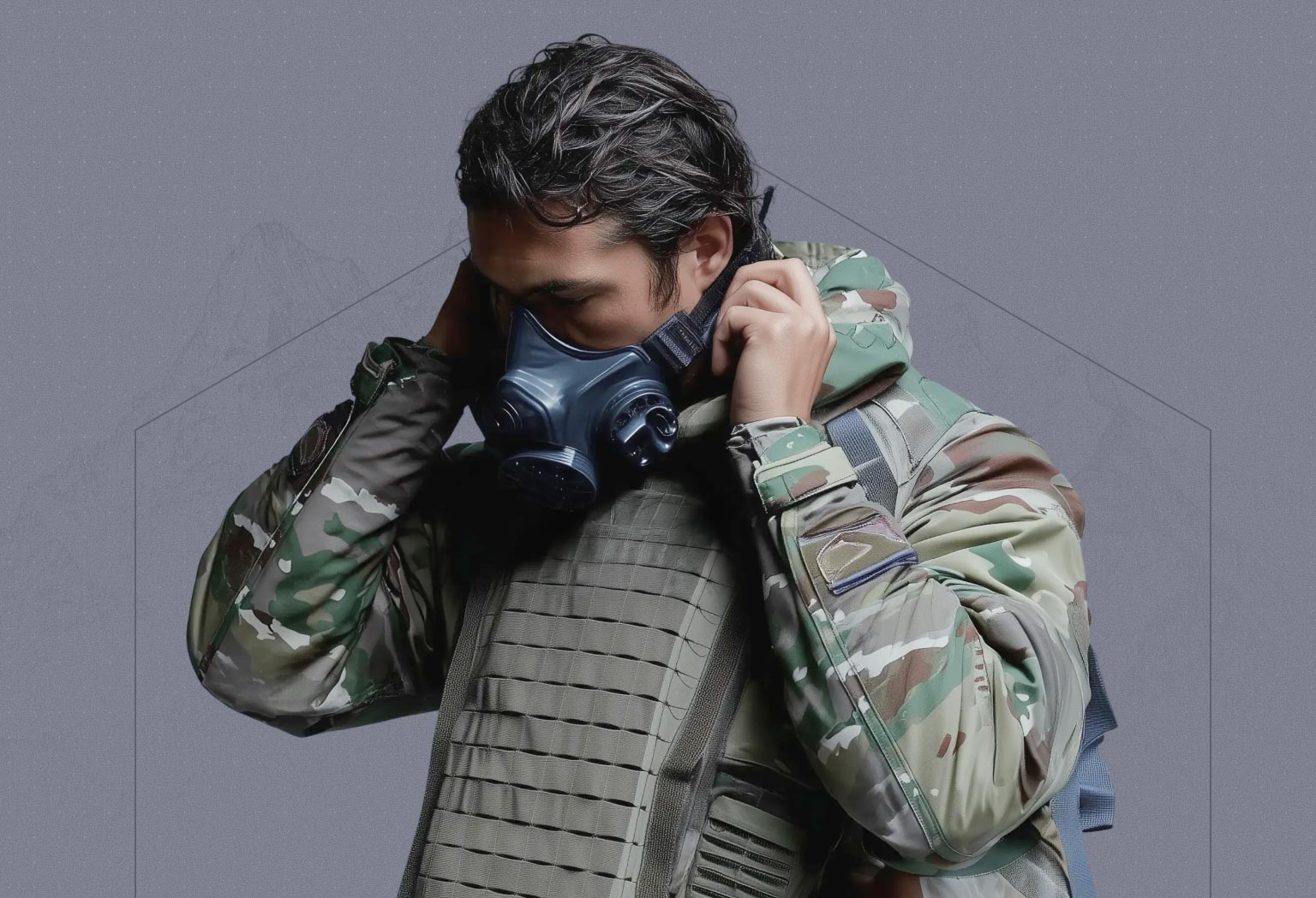 Kollasj med Paul Boyé-logo, gassmaske, vernedrakt, soldat iført gassmaske, tekst om CBRN-risikoer, innovative beskyttelsestekstiler, og Paul Boyés beskyttelsesløsninger.