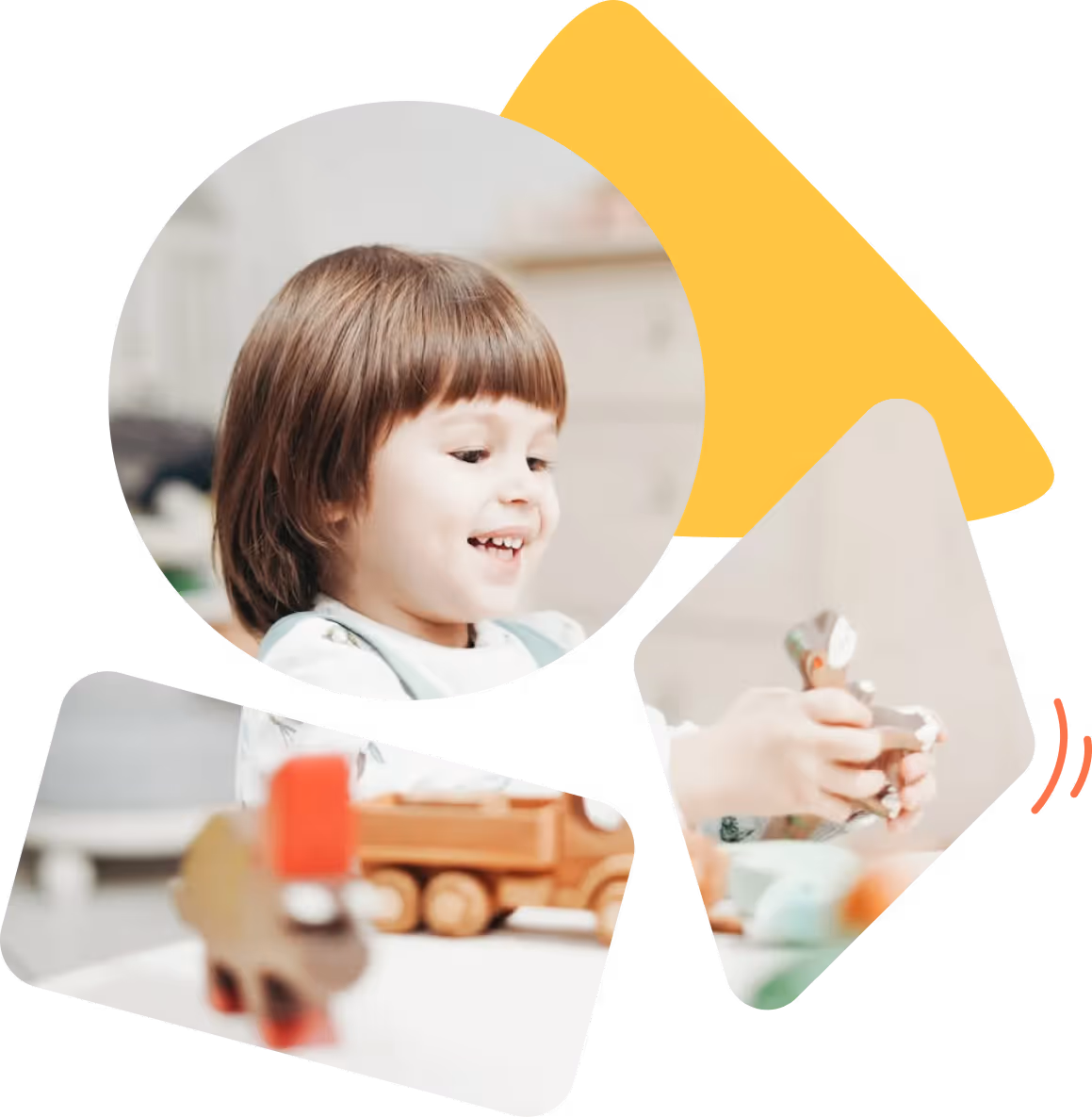 Young child smiling and playing with wooden toys indoors.
