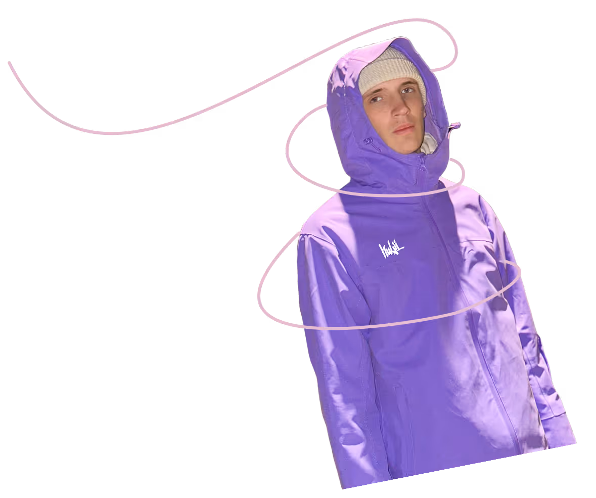 Young man wearing a purple hooded jacket with a white knit beanie and a white Hulii logo on the chest, wrapped in a pink swirl line on a black background.
