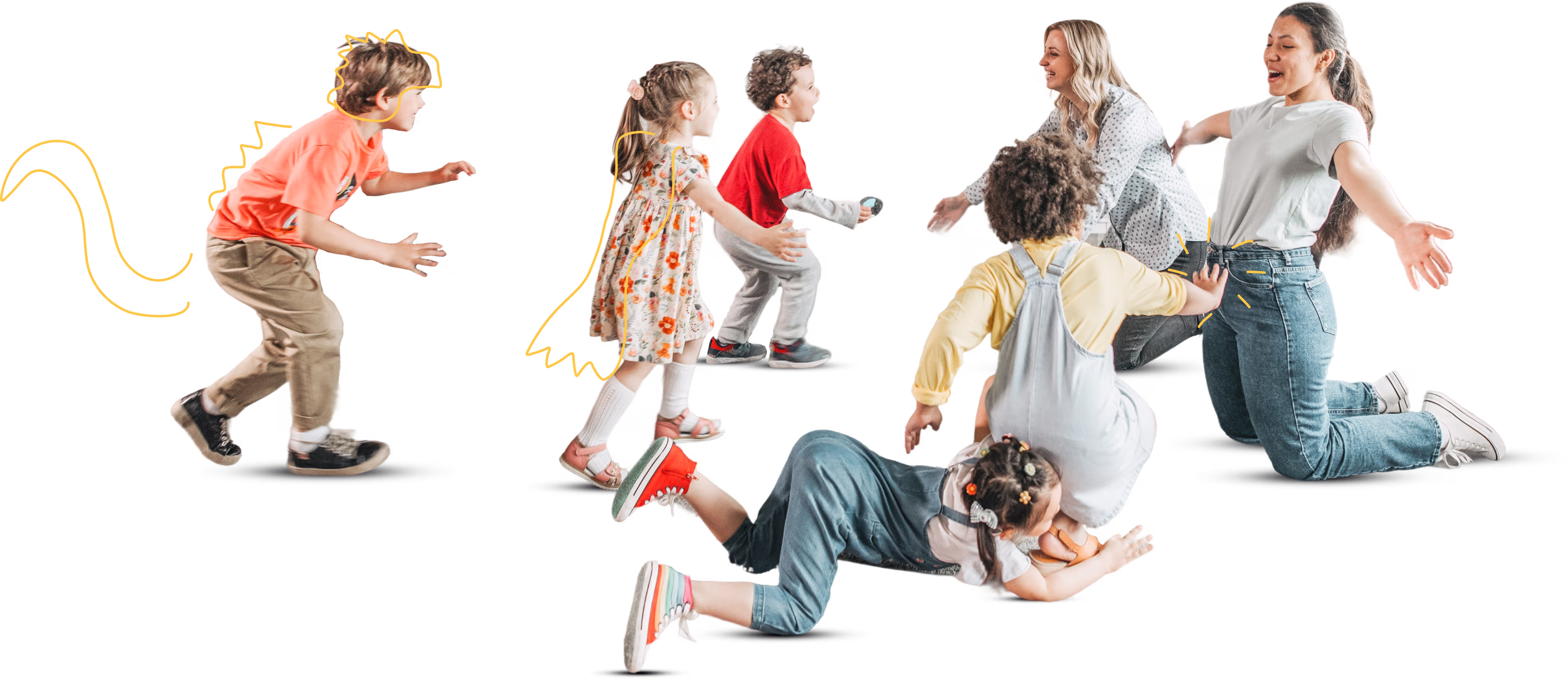 Two women and five children energetically playing and running towards each other on a black background.