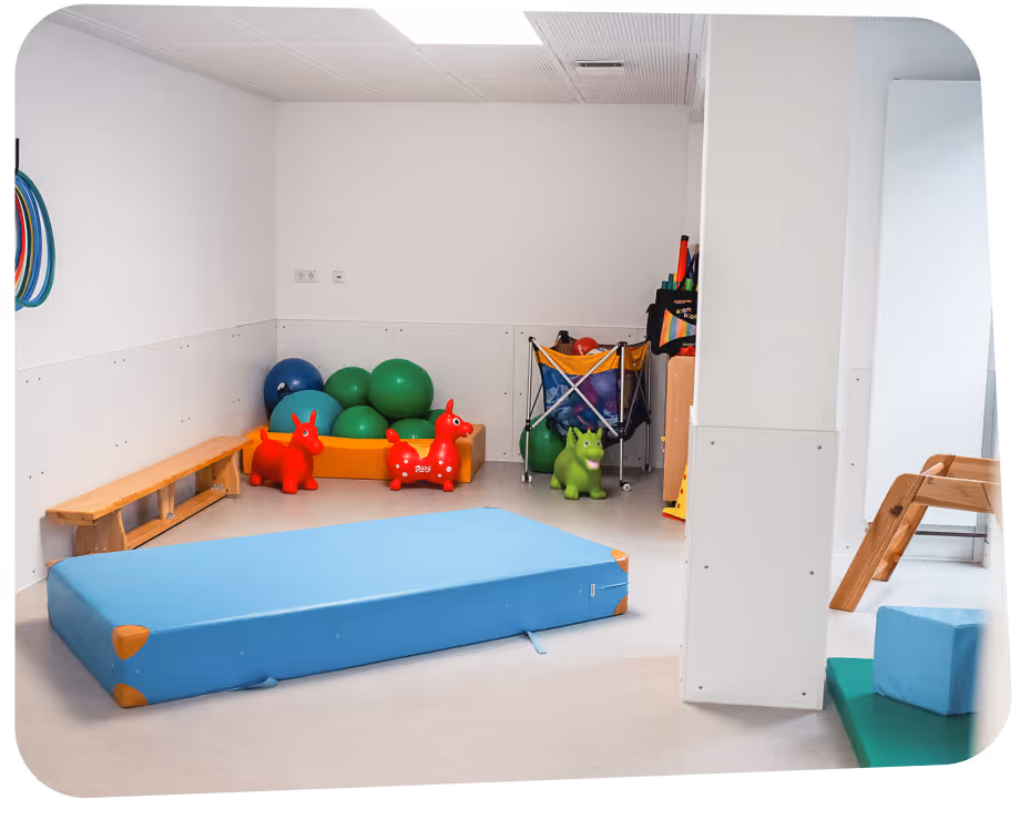 Indoor playroom with a blue padded mat, wooden bench, colorful balls, red and green inflatable animal toys, and various play equipment.